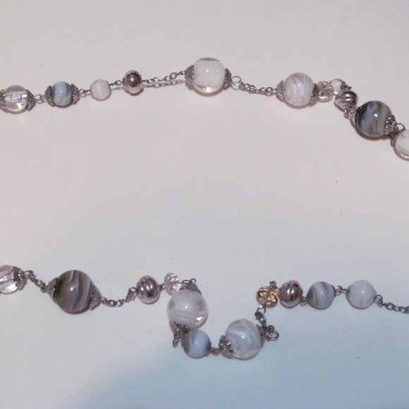 Silver tone large white glass beads swirl design long necklace - Picture 3 of 3